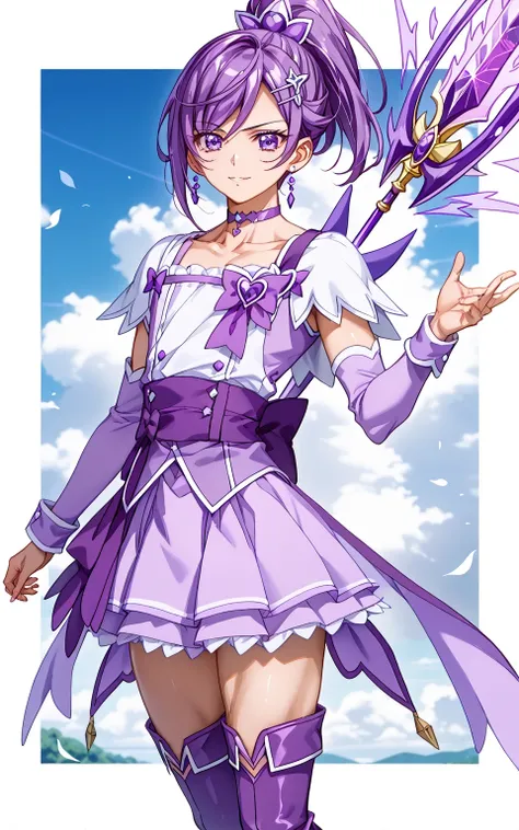 score core 8 up、score 7 up、source anime、傑作、Best quality、Best resolution、anime coloring、1boy、cure sword is a boy、(male:1.5)、solo、boy is wearing a purple dress、short purple hair boy、sparking purple eyes、high short ponytail hair、spade shape hair ornament、solo...