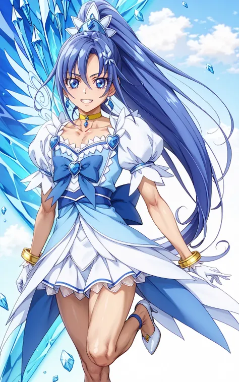 score core 8 up、score 7 up、source anime、傑作、Best quality、Best resolution、anime coloring、1boy、cure diamond is a boy、(male:1.5)、solo、boy is wearing a blue dress、long blue hair boy、sparking blue eyes、high long ponytail hair、dia shape hair ornament、solo、sapphir...