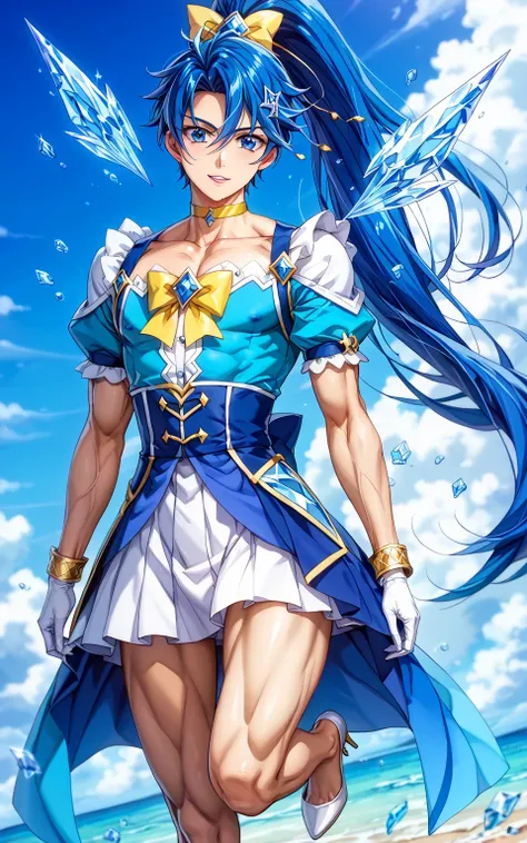 score core 8 up、score 7 up、source anime、傑作、Best quality、Best resolution、anime coloring、1boy、cure diamond is a boy、(male:1.5)、solo、boy is wearing a blue dress、long blue hair boy、sparking blue eyes、high long ponytail hair、dia shape hair ornament、solo、sapphir...