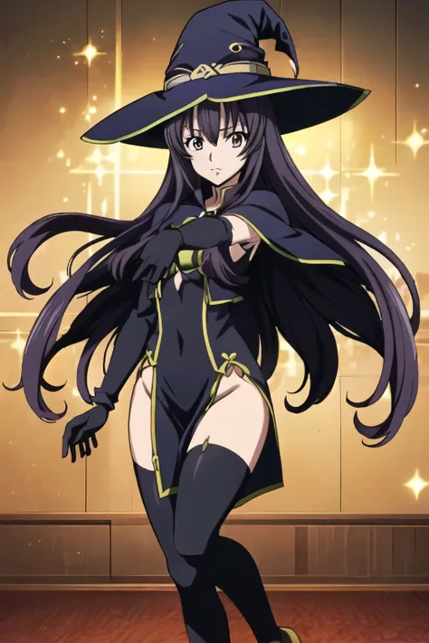from side, 1 girl, (black long hair), serious face, ((slender, slim)), full body,  (Magic Circle, Dazzling magic effects,  surrounded by blue aura), (((dark colored witch long cloak, dark colored witch hat, dress, elbow gloves, black tights))), beautiful s...