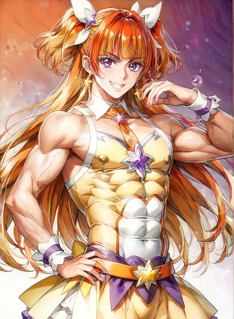 score core 8 up、score 7 up、source anime、傑作、Best quality、Best resolution、anime coloring、1boy、cure twinkle、(male:1.6)、man is wearing a yellow strapless dress、solo、long hair、orange hair、low tied long hair、multicolored hair、brown hair、two tone hair、gradient ha...