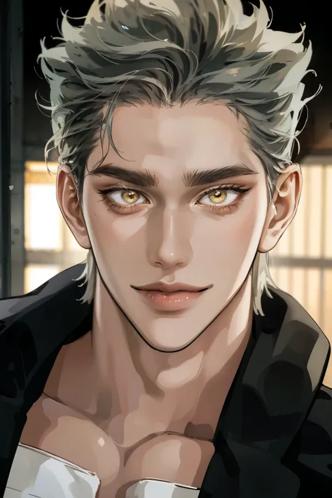 realistic,Photorealistic,HDR,ultra high definition,studio lighting,ultra detailed description,professional ,bright color,flour,One Punch Man,yellow eyes,gray hair,18 years old,man,177cm,black chewy polar that reveals the body,white dojo pants,Dojo strap,fu...