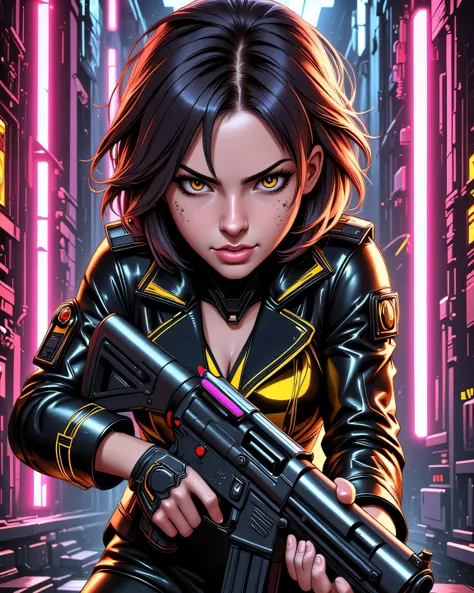 Furious anime-style girl with small build, full body, sharp angry expression, holding a large sci-fi blaster gun with both hands, wearing a torn futuristic leather jacket with glowing seams, messy spiky hair, glowing battle scars on cheek, crouching in a n...