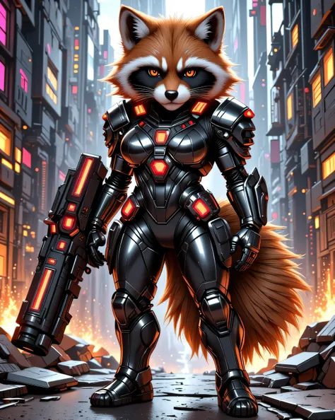 Full body portrait of a fierce anthropomorphic anime girl inspired by Rocket Raccoon, small but muscular frame, fur partially visible under futuristic tech armor, holding a giant plasma cannon, angry red glowing eyes, tail visible, standing on a broken met...