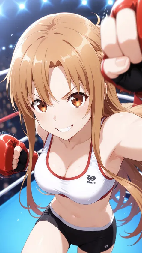 asuna_\(sao\), long_hair, brown_hair,  brown_eyes, solo, Detailed eyes, white sports bra, black boy leg underwear, black fingerless gloves, thigh, cleavage, medium breast, serious grin, looking at viewer, Detailed eyes, Detailed face, portrait, face focus,...