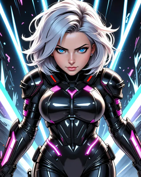 Angry young anime girl with detailed skin and wild eyes, short and energetic build, standing with wide stance while holding dual futuristic pistols, wearing a black cropped armored jacket with glowing wires, wind blowing her short white hair, battle-ready ...