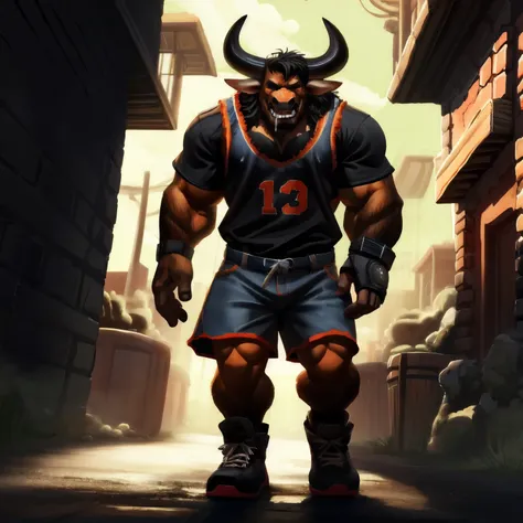 //Character 1boy, solo, anthro furry, minotaur, bull, large curved horns, brown fur, brown-black beard, dark patterns, red eyes, eyes with scars, white hair, brown-black hair tips, brown-black chest hair, Brown eyebrows, Brown tail //Dress Gang boss attire...