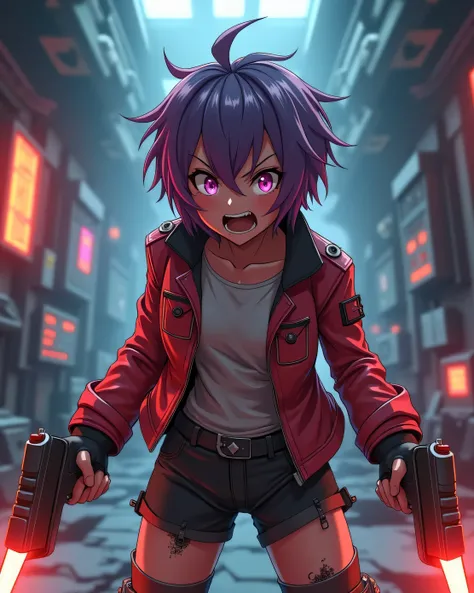  a anime girl with sharp fangs showing, with small build, full body, sharp angry expression, holding dual futuristic pistols, wearing a torn futuristic leather jacket with glowing seams, messy spiky hair, short wild purple hair, screaming in rage, standing...