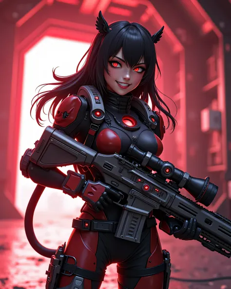 Full body anime girl styled like a battle companion of Rocket, slim but rugged, in tactical tech gear with visible wires and armor pads, holding a huge modified blaster cannon, wild eyes and angry grin, mechanical tail or companion drone on shoulder, stand...