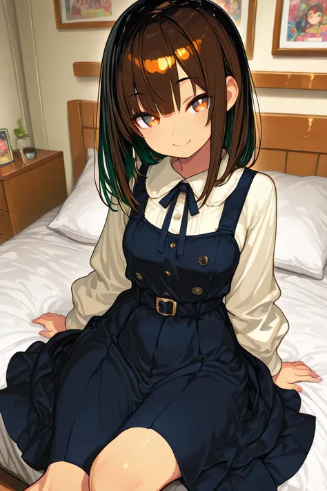 older sister,solo,cute,bed,Laid-back,Full HD,very detailed,high resolution,top quality,Supreme Masterpiece,5 fingers,GREEY EYE,Fashionable Clothes,複雑でbeautiful瞳,beautiful,large room,sitting,Smile Yan