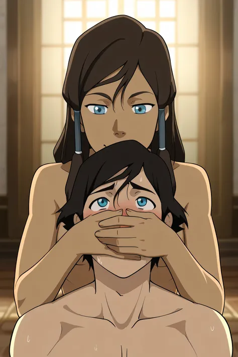 score_9, score_8_up, score_7_up, best quality, detailed face, detailed background, maximum detail, beautiful face, beautiful eyes, very aesthetic, absurdres, perfect lighting, anime coloring, nsfw, female on male, femdom, 1female, korra-v2, naked, fdom_rfb...