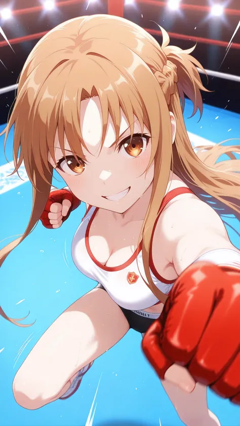 asuna_\(sao\), long_hair, brown_hair, brown_eyes, solo, Detailed eyes, white sports bra, black boy leg underwear, black fingerless gloves, thigh, cleavage, medium breast, serious grin, looking at viewer, Detailed eyes, Detailed face, portrait, face focus,...