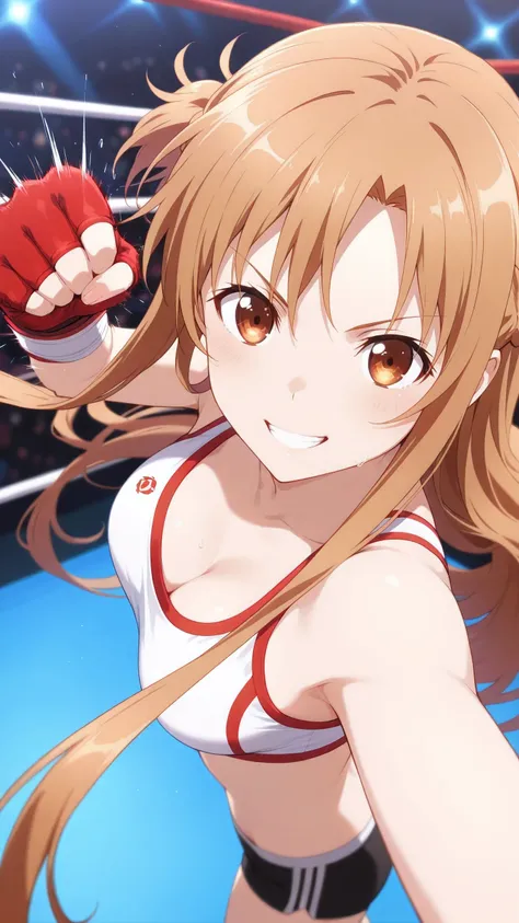asuna_\(sao\), long_hair, brown_hair,  brown_eyes, solo, Detailed eyes, white sports bra, black boy leg underwear, black fingerless gloves, thigh, cleavage, medium breast, serious grin, looking at viewer, Detailed eyes, Detailed face, portrait, face focus,...