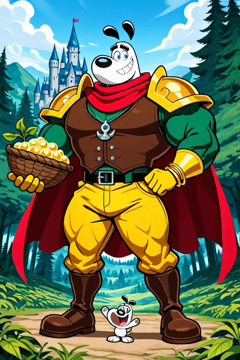 A Giant muscular dudley puppy (T.U.F.F Puppy), white dog, cartoon 2d style, saturaded colors, giant size, macro size, full body, giganticmuscular body, castle background, Masterpiece, best quality, high quality, detailed, Dudley Puppy, male, solo male, 1bo...