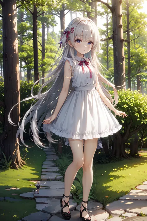 full body、From the side、solo、1 person、Standing、gray hair、bob hair、white skin、clear blue eyes、White Frilled Dress、put hands together and pray、Deep in the forest、巨大な木がそびえStanding森、large stump、Big Husky Dog、dim、High Definition、4K、high resolution、detailed depi...