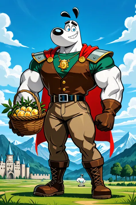 A Giant muscular dudley puppy (T.U.F.F Puppy), white dog, cartoon 2d style, giant size, macro size, full body, muscular body, castle background, Masterpiece, best quality, high quality, detailed, Dudley Puppy, male, solo male, 1boy, broad shoulders, mature...