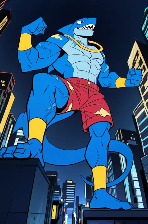 score_9, score_8_up, score_7_up, score_6_up, score_5_up, score_4_up, source_furry, tentacularrumble, cartoon 2d shark, teeth, blue skin, sharp teeth, muscular, blue eyes, long tail, max detail, 4k, absurdres, highres, profile angle, dynamic pose, standing,...