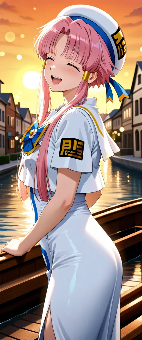 1girl ,mizunashi akari \(aria\),(beautiful girl:1.3),masterpiece,Please redeem,Ultra-high resolution,rich contrast,Very high quality,8k,Highly detailed CG unit wallpaper,Texture,So ridiculous,RAW Photos,anime-style illustration,studio anime style,professional photograph,an extremely delicate and beautiful,Depth of written boundary 1.2,Beautiful glossy lips,She is standing in the gondola,(Canal Grande),cowboy shot,open your mouth wide,smile,Circular Bokeh), aria company uniform,(from side:1.3),(closed eyes),tilt one's head,(short sleeve)