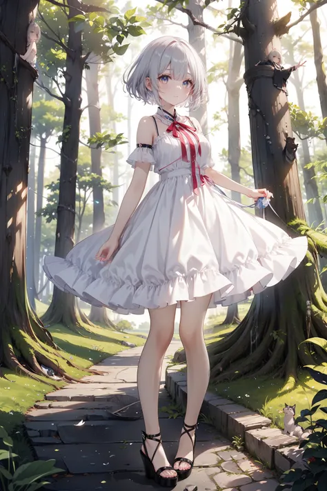 full body、From the side、solo、1 person、Standing、gray hair、bob hair、white skin、clear blue eyes、White Frilled Dress、put hands together and pray、Deep in the forest、巨大な木がそびえStanding森、large stump、Big Husky Dog、dim、High Definition、4K、high resolution、detailed depi...