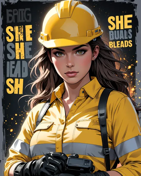 GTA tyle:,Anime style,"A powerful t-shirt design featuring a beautiful female factory worker in a yellow helmet and a light cream (#f9f8eb) uniform with silver reflective stripes (#dadada). The quote 'SHE BUILDS, SHE LEADS, SHE CONQUERS' is written in bold...