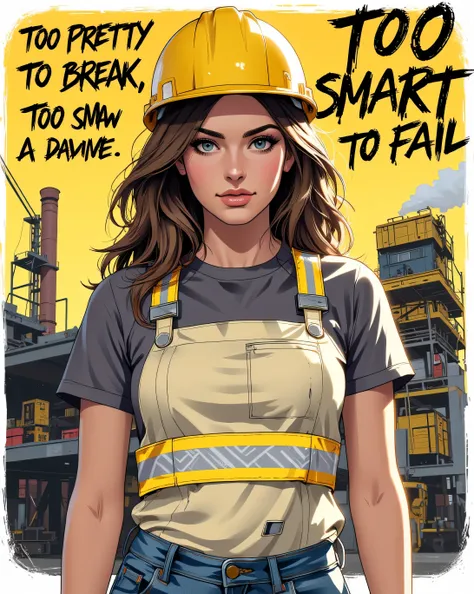 GTA tyle:,Anime style,"A sarcastic t-shirt illustration of a confident and pretty female worker with a yellow safety helmet and cream workwear (#f9f8eb) featuring horizontal reflective tape (#dadada). Quote says 'TOO PRETTY TO BREAK, TOO SMART TO FAIL' in ...