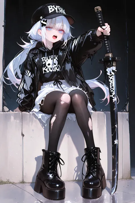 、High Quality、、 boyish girl、 black hat 、hair accessories、Double teeth、low ponytail、Stupid hair、damaged black pantyhose  、solo、Black Platform Boots、 Jacket、casual white punk rock summer wear、detailed depiction、4K、8k、Extreme Details、HDR、super high resolution...