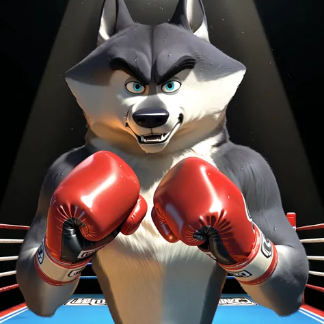 agentclassified, grey fur, wolf, blue eyes, muscular male, muscular, thick eyebrows, cgi, solo, dark background, spotlight, high quality, detailed, half body, looking at viewer, boxing gloves, big hands, pov_boxing, (glistening body, glistening fur), sweat...