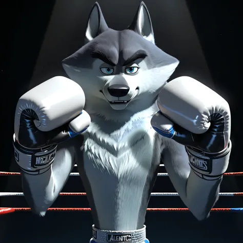 agentclassified, grey fur, wolf, blue eyes, thick eyebrows, cgi, solo, dark background, spotlight, high quality, detailed, half body, looking at viewer, boxing trunks, boxing gloves, big hands, pov_boxing, (glistening body, glistening fur), gloves up, fist...