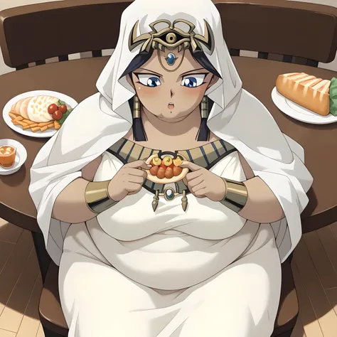 masterpiece,best quality,{{detailed beautiful face and eyes}}, very detailed background, 1 girl, solo,
Ishizu Ishtar,dark skin,long hair,black hair,egyptian,parted bangs,blue eyes,medium breasts, cape, hood,
1girl,(is embarrassing,big blush, Egyptian dress...
