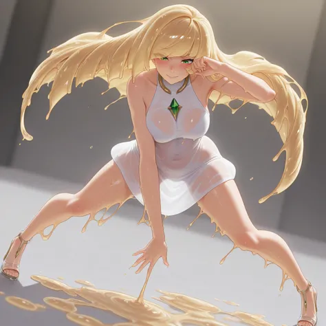 slime girl,transparent,translucent,Lusamine adult slimegirl melt into a puddle completely:1.0, translucent:1.0, long eyelashes, green eyes, blushing intensely, gasping, very long blonde slime hair, hair covering one eye, sleeveless white gradient wet dress...