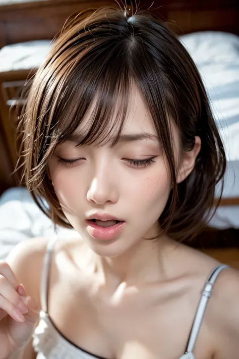 Beautiful Female,in a lavish bedroom, a young-adult lady, looking straight up, with mouth very wide open, troubled face, closed eyes, teary-eyed, licking, stick own fingers deep in own mouth, drops of drool dripping from the mouth, moist and wet around the...