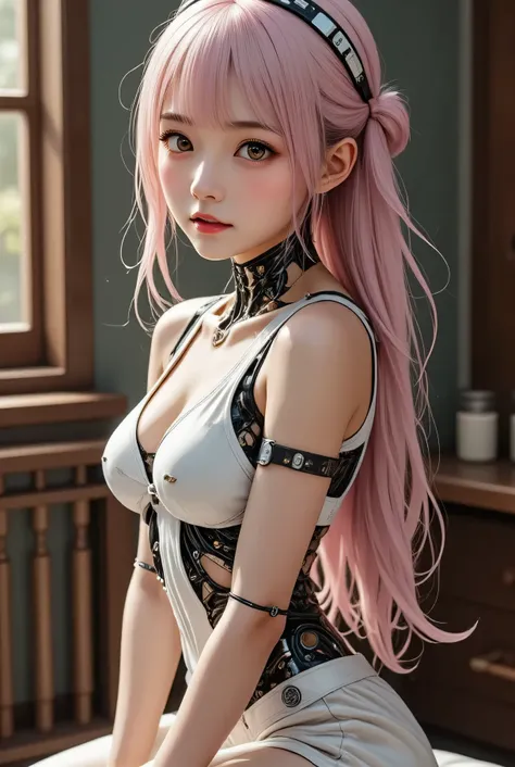 Female Cyborg , mid shot . realistic and detailed mechanical body , exposed wiring and metal joints , sitting in front of a dresser、The gesture of tying hair while raising both arms and showing armpits、Beautiful fingers, beautiful fingertips 、turning aroun...