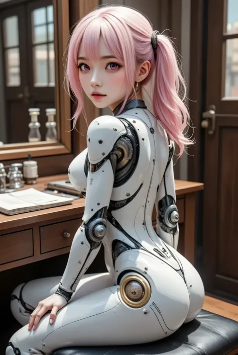 Female Cyborg , mid shot . realistic and detailed mechanical body , exposed wiring and metal joints , perfect anatomy, sitting in front of a dresser、The gesture of tying hair while raising both arms and showing armpits、Beautiful fingers, beautiful fingerti...