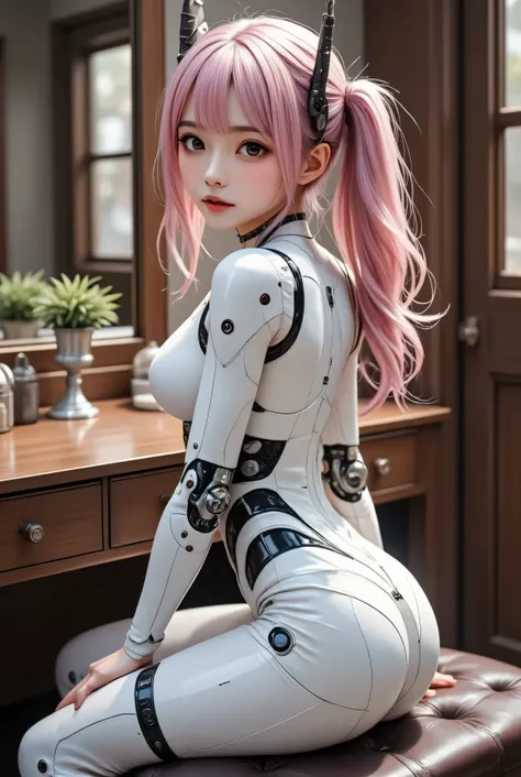 Female Cyborg , mid shot . realistic and detailed mechanical body , exposed wiring and metal joints , perfect anatomy, sitting in front of a dresser、The gesture of tying hair while raising both arms and showing armpits、Beautiful fingers, beautiful fingerti...