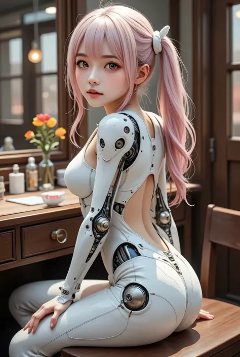 Female Cyborg , mid shot . realistic and detailed mechanical body , exposed wiring and metal joints , perfect anatomy, sitting in front of a dresser、The gesture of tying hair while raising both arms and showing armpits、Beautiful fingers, beautiful fingerti...