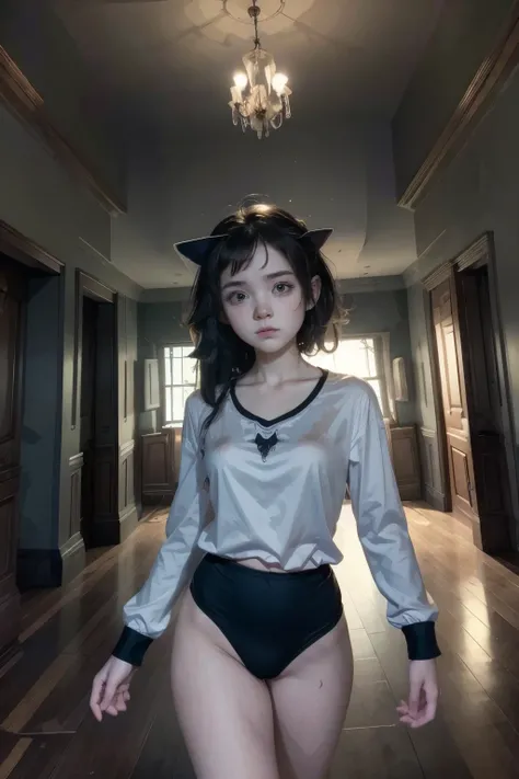 (masterpiece, highest quality),  (night's ghost mansion), One Girl, young teen, Black gymnastics bloomers, High leg、white blouse, walking in night ghost house、Anxious expression, Emotional, Wide-angle, dark, Best Shadow, watercolor,ghost、devil、Death Strike...