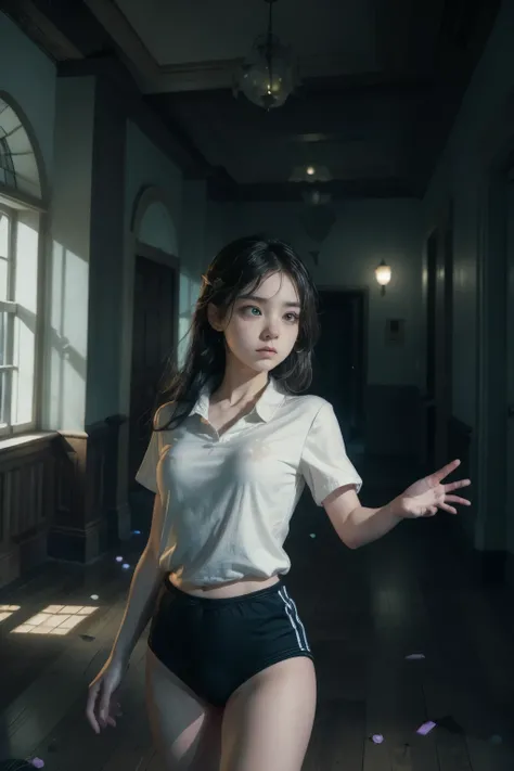 (masterpiece, highest quality),  (night's ghost mansion), One Girl, young teen, Black gymnastics bloomers, High leg、white blouse, walking in night ghost house、Anxious expression, Emotional, Wide-angle, dark, Best Shadow, watercolor,ghost、devil、Death Strike...