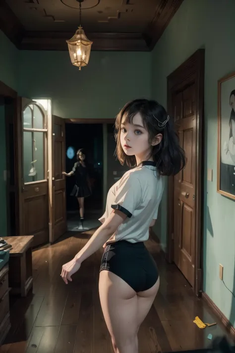 (masterpiece, highest quality),  (night's ghost mansion), One Girl, young teen, Black gymnastics bloomers, High leg、white blouse, standing in night ghost house, look back 、Anxious expression, Emotional, Wide-angle, dark, Best Shadow, watercolor,ghost、devil...