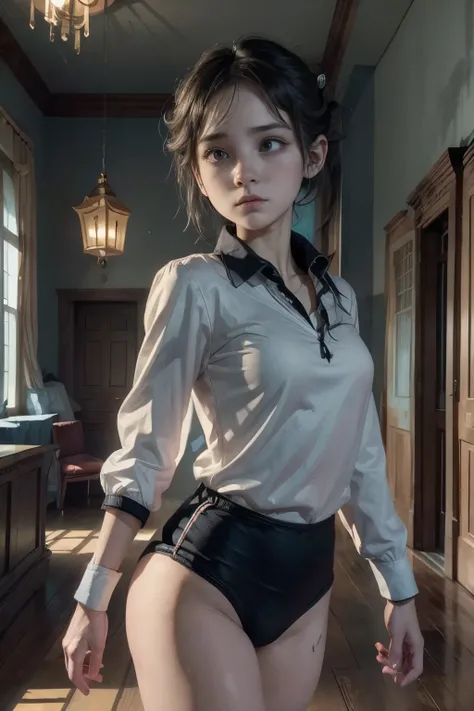 (masterpiece, highest quality),  (night's ghost mansion), One Girl, young teen, Black gymnastics bloomers, High leg、white blouse, walking in night ghost house、Anxious expression, Emotional, Wide-angle, dark, Best Shadow, watercolor,ghost、devil、Death Strike...