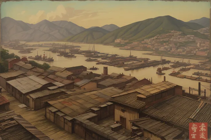 vintage pulp art painting, vintage pulp art, view from rooftop, streets of 1800’s Hong Kong, industrial Hong Kong, textile mills, smelting yards, workshops, highly detailed printed art style, ultra high quality painting, photographic quality, ultra high qu...