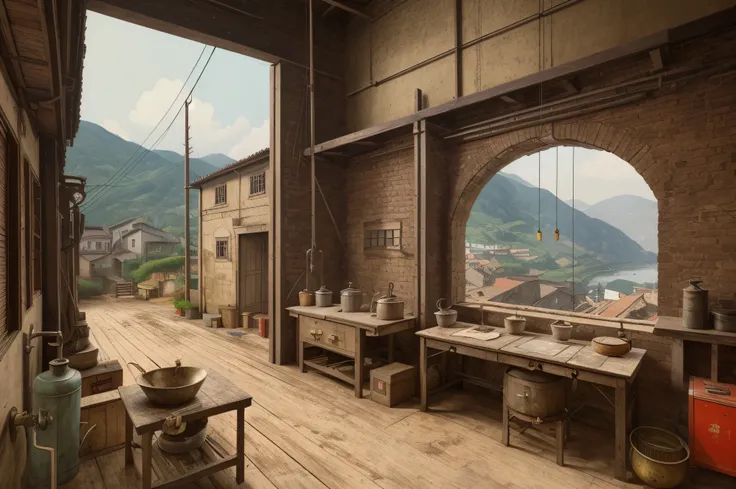vintage pulp art painting, vintage pulp art, view from window, streets of 1800’s Hong Kong, industrial Hong Kong, textile mills, smelting yards, workshops, highly detailed printed art style, ultra high quality painting, photographic quality, ultra high qua...