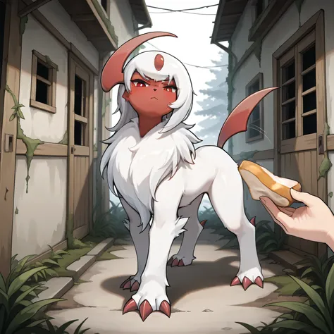 masterpiece, best quality, amazing quality, abandoned house, overgrown, 1girl, solo focus, absol, red skin, shiny pokemon, shiny absol, feral, quadruped, red claws, paws, fluffy fur, white fur, pouting, funny expression, standing up, on rear legs, looking ...