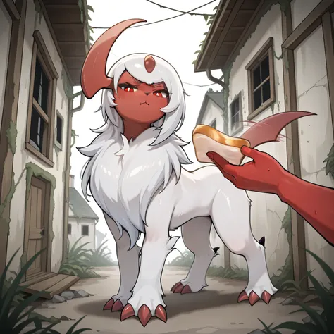 masterpiece, best quality, amazing quality, abandoned house, overgrown, 1girl, solo focus, absol, red skin, shiny pokemon, shiny absol, feral, quadruped, red claws, paws, fluffy fur, white fur, pouting, funny expression, standing up, on rear legs, looking ...