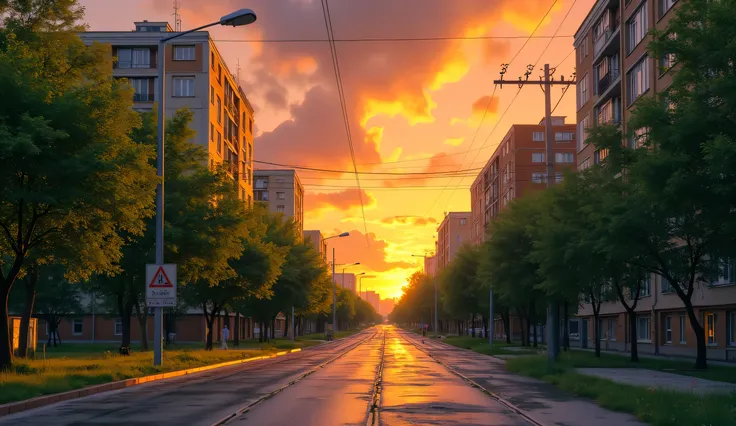 landscape, street, USSR Vibes, detailed panelki, Russian Apartments, 6 buildings, soviet-style buildings, many green trees, orange evening, summer, orange sunset, big moon, stars:1.5, cloudy, grass, crossroad:1.5, cracks in the asphalt:0.3, soviet-style co...