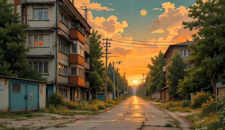 landscape, street, USSR Vibes, detailed panelki, Russian Apartments, many green trees, orange evening, summer, orange sunset, big moon, stars:1.5, cloudy, grass, crossroad:1.5, cracks in the asphalt:0.3, soviet-style concrete fence:0.15, flowers:0.15, with...