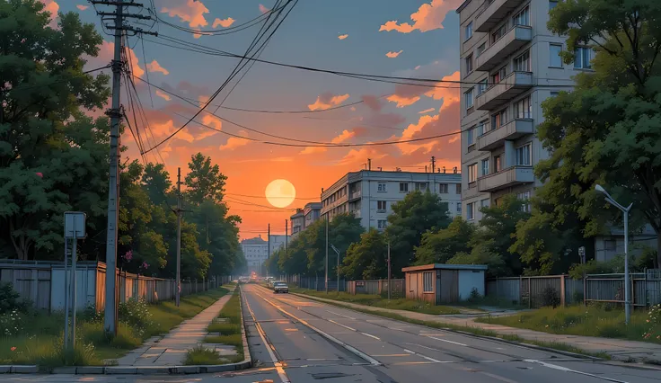 landscape, street, USSR Vibes, detailed panelki, Russian Apartments, many green trees, orange evening, summer, orange sunset, big moon, stars:1.5, cloudy, grass, crossroad:1.5, cracks in the asphalt:0.3, soviet-style concrete fence:0.15, flowers:0.15, with...