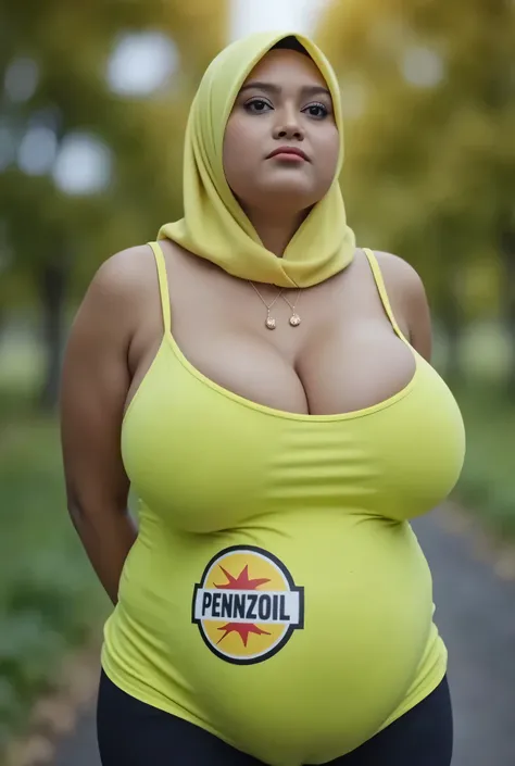 Disappointed facial expression, Front posing, Wearing Scarf neck tie, Front posing, (((MOODY FACE EXPRESSION))), "Wearing Hijab perfectly",  wearing Scoop Neck Sleeveless neon green Bodysuits strapless swimsuit 'Pennzoil Logo Print', (KEDUA BELAH TANGAN DI...