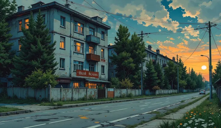 landscape, street, USSR Vibes, detailed panelki, Russian Apartments, many green trees, orange evening, summer, night, big moon, stars:1.5, cloudy, grass, crossroad:1.5, cracks in the asphalt:0.3, soviet-style concrete fence:0.15, flowers:0.15, without sun,...