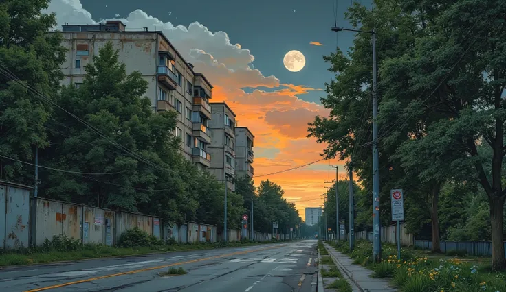 landscape, street, USSR Vibes, detailed panelki, Russian Apartments, many green trees, orange evening, summer, night, big moon, stars:1.5, cloudy, grass, crossroad:1.5, cracks in the asphalt:0.3, soviet-style concrete fence:0.15, flowers:0.15, without sun,...