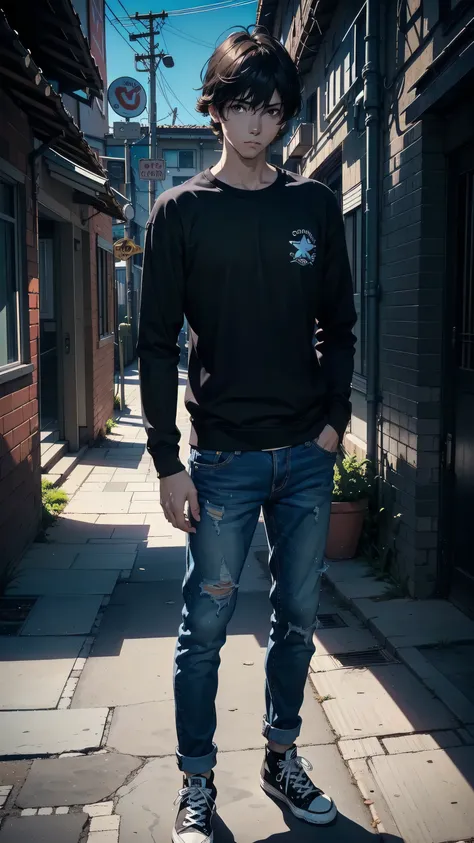 masterpiece, best quality, 1boy, solo, Amamiya Ren, ((blue shirt long sleeve and jeans)), ((converse)), ((top quality, ultra-detailed, high resolution, extremely detailed CG, unity 8k wallpaper, Makoto Shinkai style, by famous artist, perfect anatomy, supe...